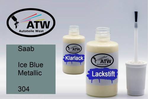 Saab, Ice Blue Metallic, 304: 20ml Lackstift + 20ml Klarlack - Set, von ATW Autoteile West.